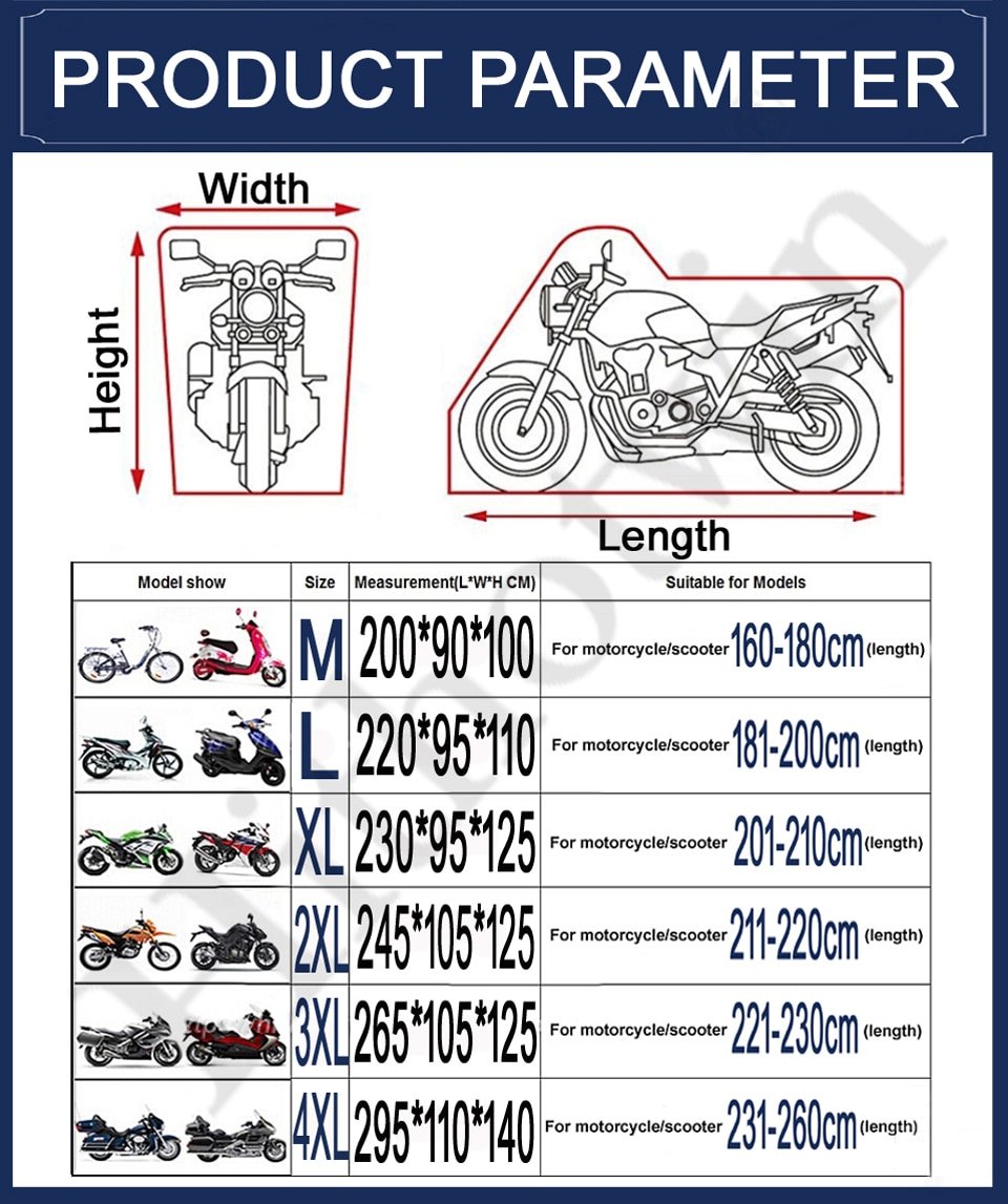 Bike Cover Universal Motorcycle Rain and Dustproof Protector - Sizes M to XXXXL, Waterproof